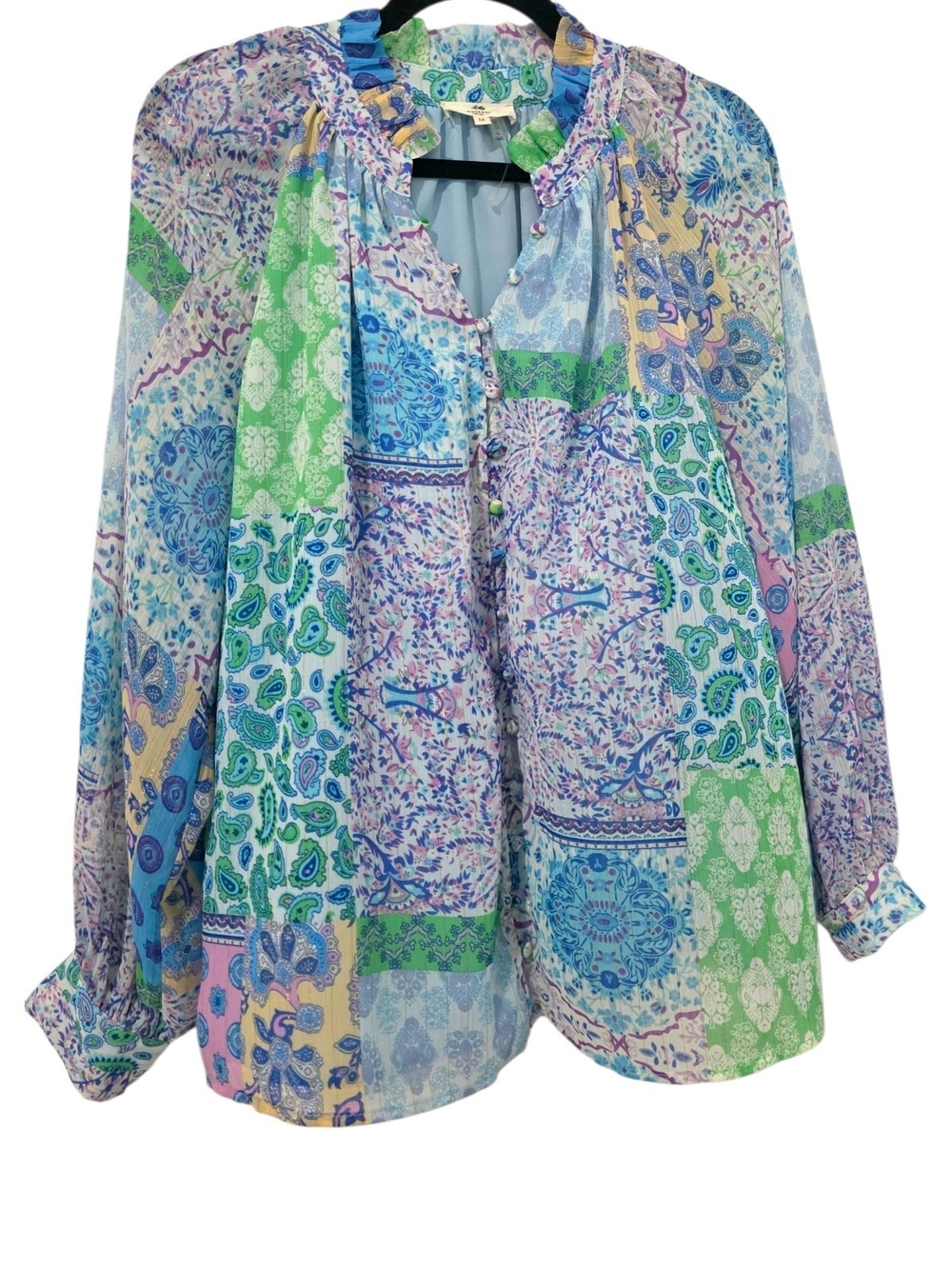 Entro Patchwork Paisley Button-Front Blouse in Multi Medium
